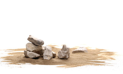 Rocks in sand pile isolated on white background and texture