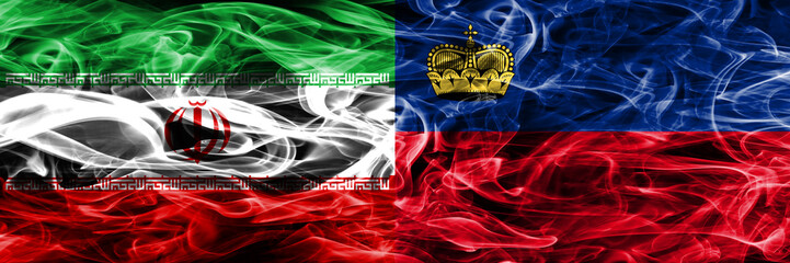 Iran vs Liechtenstein smoke flags placed side by side. Thick colored silky smoke flags of iranian...