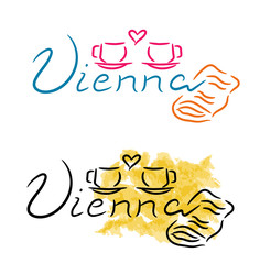 Vienna coffee and strudel sketch with watercolor and felt-tip pen grunge vector illustration