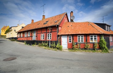 Traditional colorful half-timbered houses in Allinge, Bornholm, Denmark