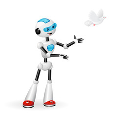 Cute robot releasing a dove for freedom concept isolated on white background