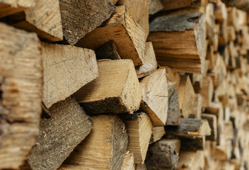 Firewood stacked in a row. Used for heating.