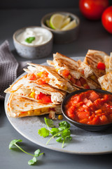 mexican quesadilla with chicken, tomato, sweet corn and cheese