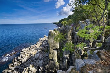 Sheer cliffs of the northern coast of Bornholm island - Helligdomsklipperne (Sanctuary Rocks),...