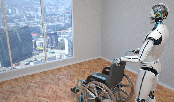 Roboter als Pfleger mit einem Rollstuhl
