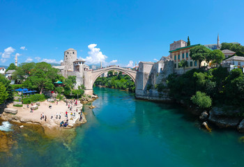 Fototapeta premium Panoramic aerial view of the Old Bridge (Stari Most), in Mostar, Bosnia and Herzegovina