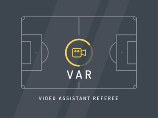 Video Assistant Referee. Soccer / football VAR System on the TV screen. Trendy flat vector on dark background. - obrazy, fototapety, plakaty