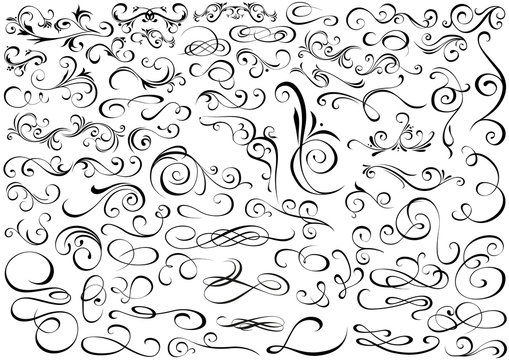 Set of Vector Graphic Elements in Calligraphic or Floral Design Style - 67 Black Illustrations, Vector