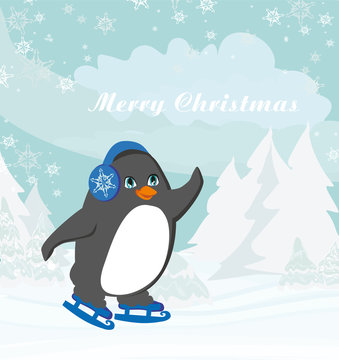 Funny Ice Skating Penguin