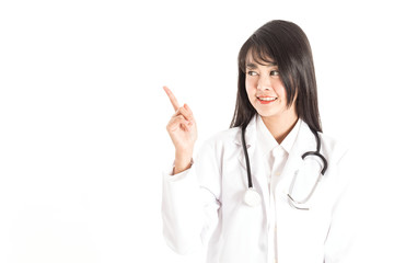 Beautiful Attractive Asian Doctor woman smile and pointing feeling so happiness and cheerful,Isolated on white background,Healthcare Concept