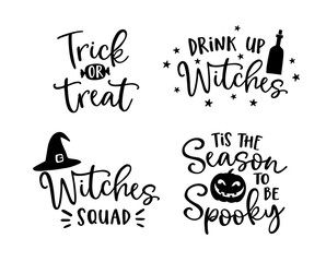 Set of handlettered Halloween phrases. Spooky auumn quotes with witches hat and scary pumpkin silhouette. Party lettering, calligraphy. Fall vector illustrations.