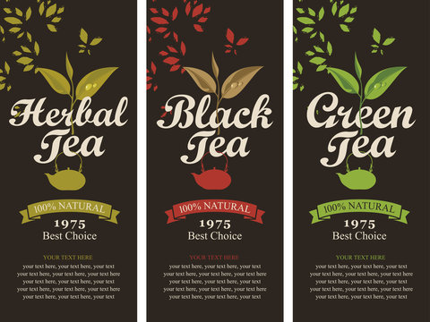 Vector set of three labels for black, green and herbal tea with a pattern of tea leaves and teapots, with place for text on a black background in retro style.