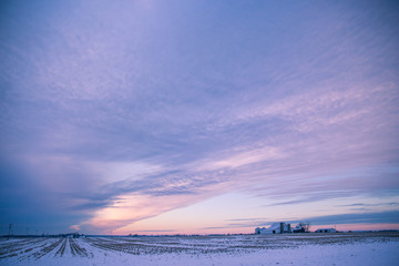 Winter Sunset over Snowy American Corn Fields in Winter with Cloudy Sky.