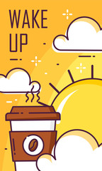 Wake up poster with cup of coffee, clouds and sun. Thin line flat design. Vector good morning banner. - 221962078