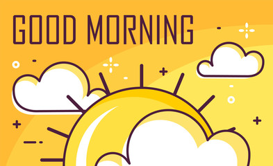 Good morning poster with clouds and sun. Thin line flat design. Vector banner. - 221962099