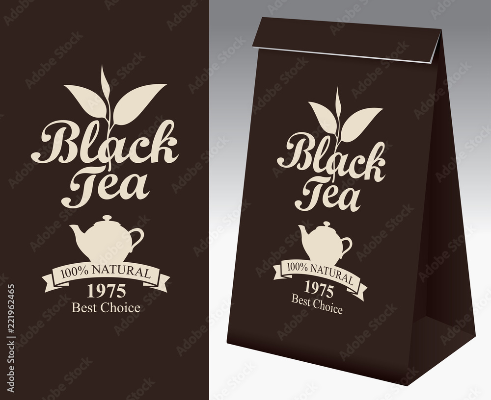 Poster paper packaging with a label for black tea. vector label for black tea with a pattern twig tea and a