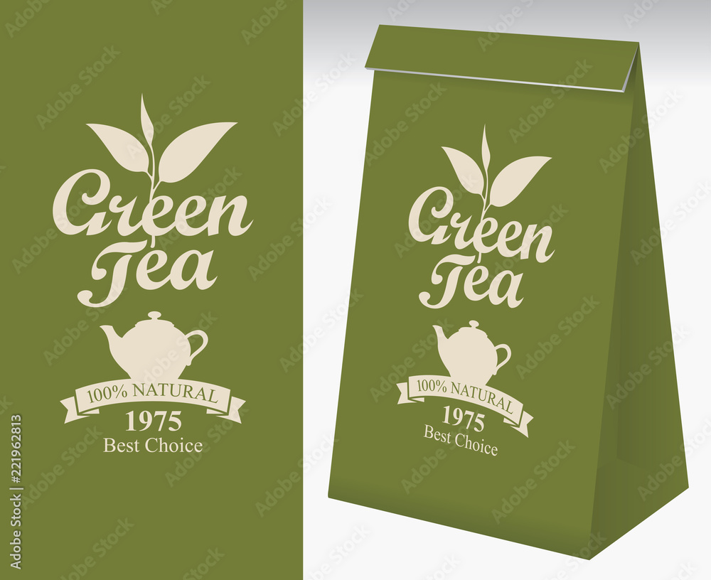 Aufkleber paper packaging with a label for green tea. vector label for green tea with a pattern twig tea and a