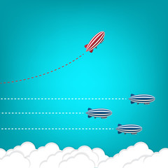 Fototapeta premium Red blimp changing direction and white ones. New idea, change, trend, courage, creative solution, innovation and unique way concept.