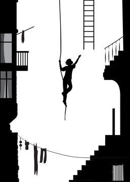 the thief runs away with ladder, stuntmen silhouette in the city, black and white memories,