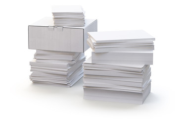 A stack of office papers and a white box. 3d render