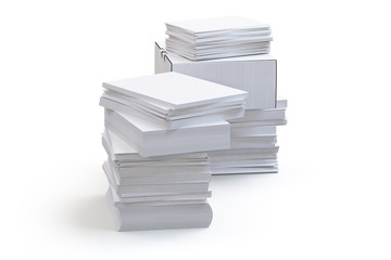 A stack of office papers and a white box. 3d render