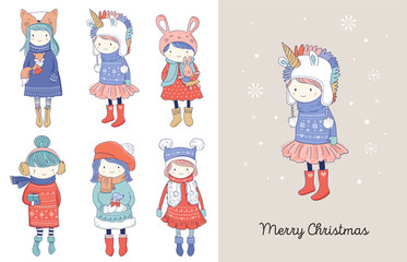 Hand drawn beautiful cute little winter girls collection. Merry Christmas greeting cards design