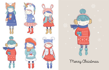 Hand drawn beautiful cute little winter girls collection. Merry Christmas greeting cards design