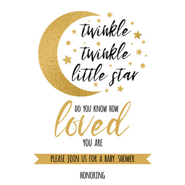 Twinkle twinkle little star text loved with gold star and moon for girl boy baby shower invitation template