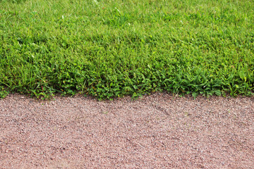a path of gravel and a lawn of clipped green grass in the Gatchina Park.