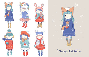 Hand drawn beautiful cute little winter girls collection. Merry Christmas greeting cards design