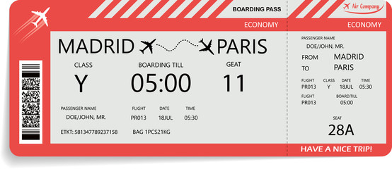 Vector illustration of pattern of airline boarding pass ticket in red colors. Concept of travel, journey or business trip. Isolated on white. - obrazy, fototapety, plakaty