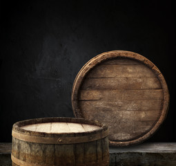 background of barrel and worn old table of wood.