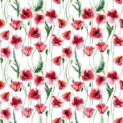 Bright beautiful wonderful summer autumn herbal floral red poppies flowers with green leaves pattern watercolor hand illustration. Perfect for greetings card, textile, wallpapers, banners