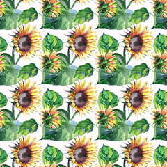 Bright graphic wonderful colorful lovely yellow orange autumn herbal floral sunflowers with green leaves pattern watercolor hand illustration. Perfect for greetings card, textile, wallpapers