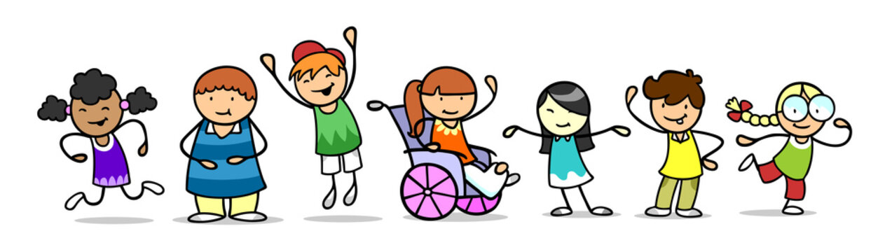Glückliche Gruppe Kinder mit Mädchen im Rollstuhl