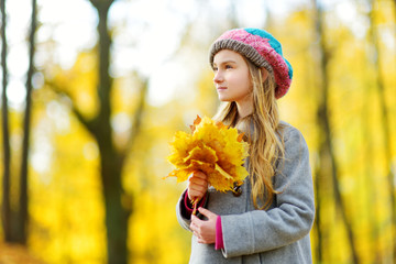 Cute little girl having fun on beautiful autumn day. Happy child playing in autumn park. Kid gathering yellow fall foliage.