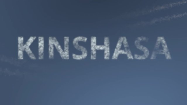 Flying airplanes reveal Kinshasa caption. Traveling to Democratic Republic of the Congo conceptual intro animation