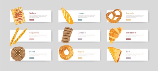 Bundle of web banners with fresh and tasty bread, pastry or baked products and place for text or description. Set of design elements. Vector illustration for bakery promotion, advertisement.