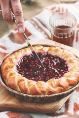 Berry pie and glasses of tea. Picnic concept