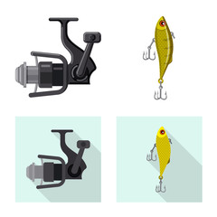 Vector illustration of fish and fishing symbol. Set of fish and equipment stock symbol for web.