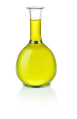 olive oil glass bottle isolated on white with reflection