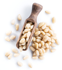 Pine nuts in the wooden scoop. White background.