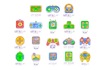 Game gadget collection in line style. Colorful gameplay, joystick, gaming controller. Vector let s play logo