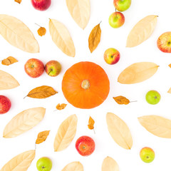 Autumn background with fall leaves, apples and pumpkin on white background. Flat lay, top view