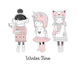 Hand drawn beautiful cute little winter girls collection. Merry Christmas greeting cards design