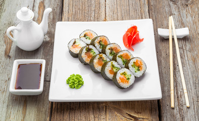 Japanese traditional sushi food and rolls with fresh seafood