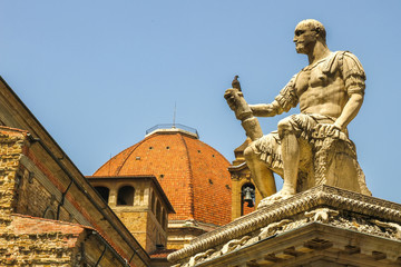 View on the monument to Giovanni delle Bande Nere in Florence, Italy on a sunny day.
