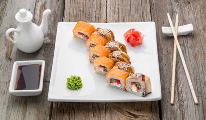 Japanese traditional sushi food and rolls with fresh seafood