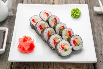 Japanese traditional sushi food and rolls with fresh seafood