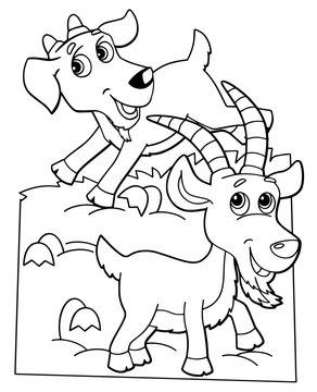 cartoon scene with happy goat friends on white background - vector coloring page - illustration for children